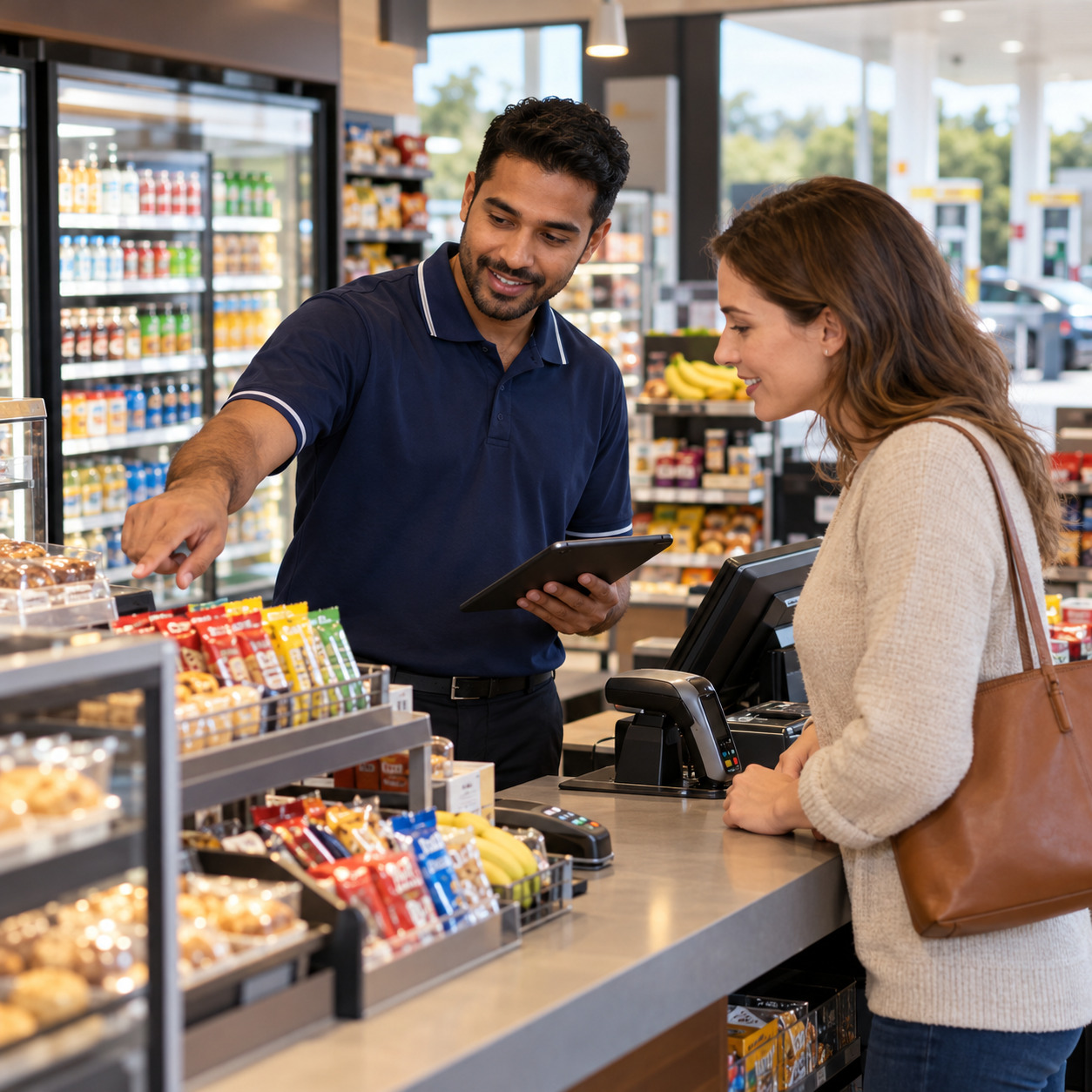 Station attendant using customer information to support a purchase at the counter.