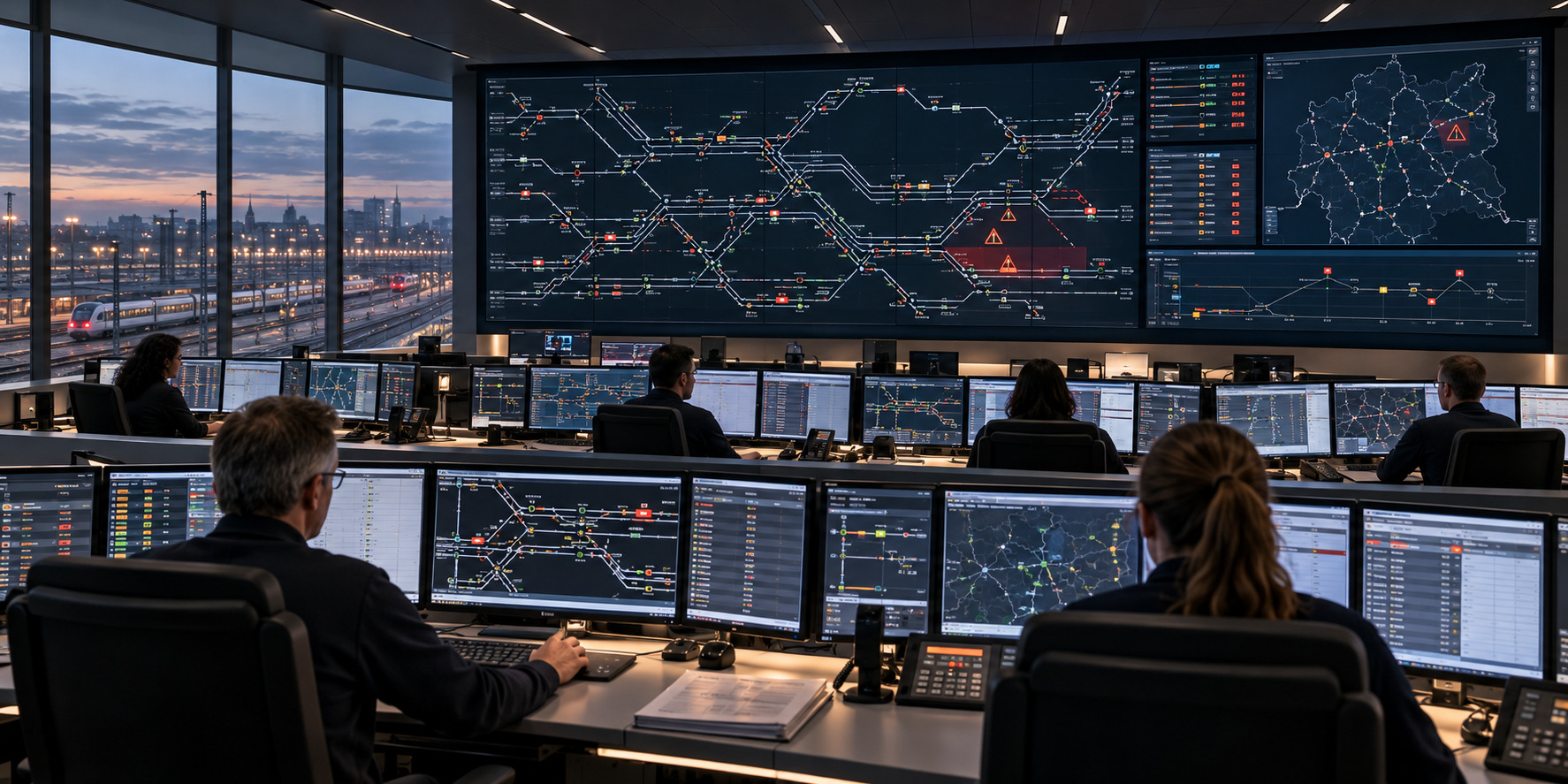 Rail operations controllers monitoring network status and service incidents in a centralized control room.