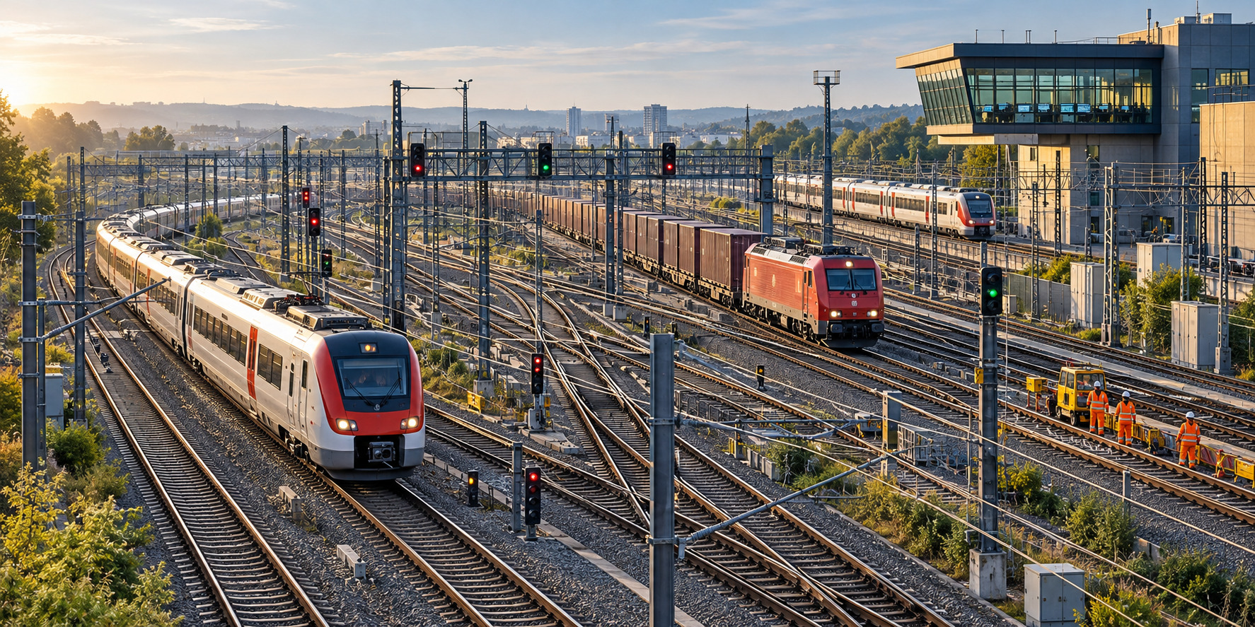 Passenger and freight trains moving through a coordinated electrified railway junction.