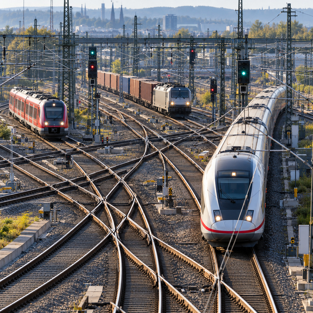 Passenger and freight trains operating across a complex railway junction under active signalling.