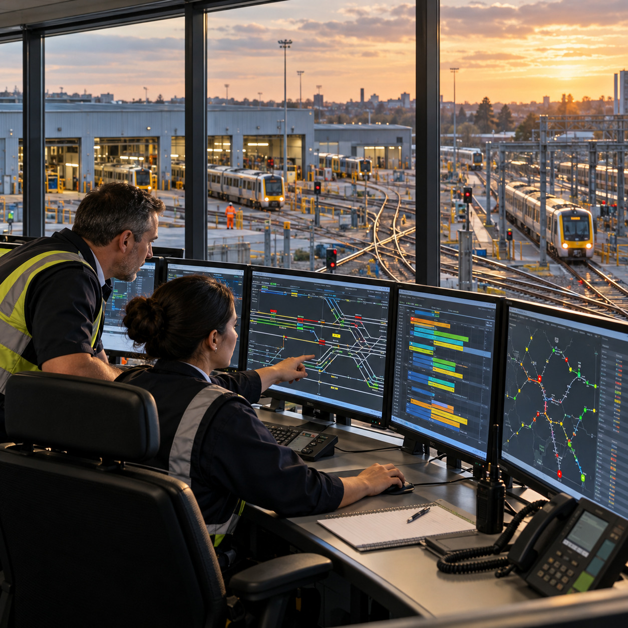 Rail operations staff monitoring service recovery from a control room overlooking a train depot.