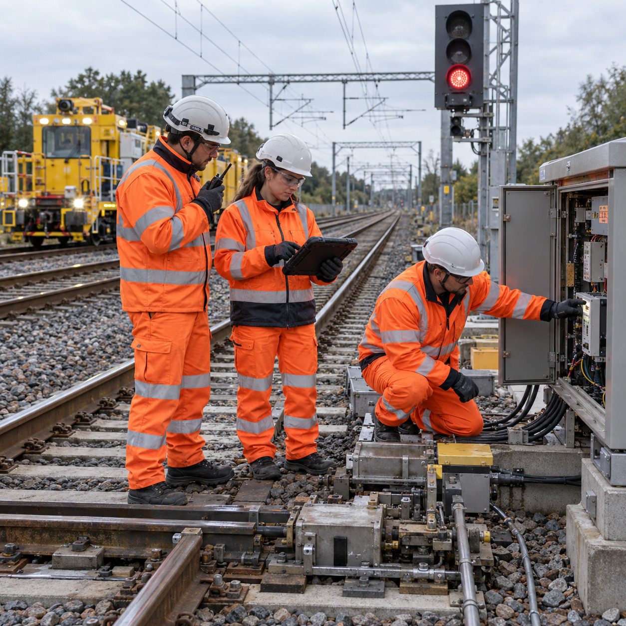 Railway technicians inspecting signalling equipment during a trackside incident.
