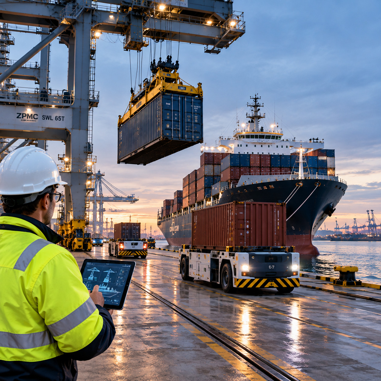 Container ship being serviced at a busy port terminal, with cranes, cargo handling equipment and a worker monitoring operations.