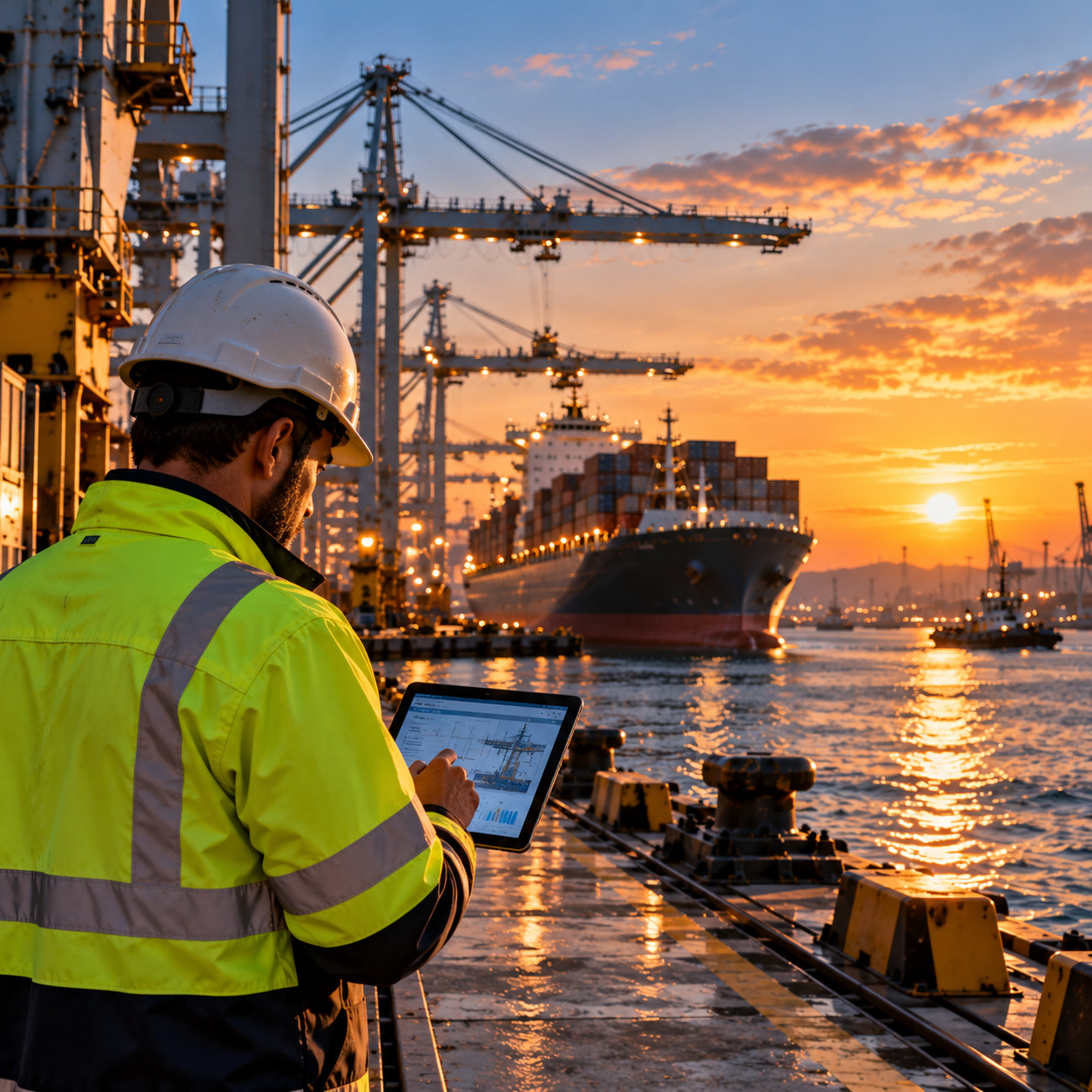 Port worker using a tablet to monitor maritime operations, with a container ship and cargo cranes in the background.