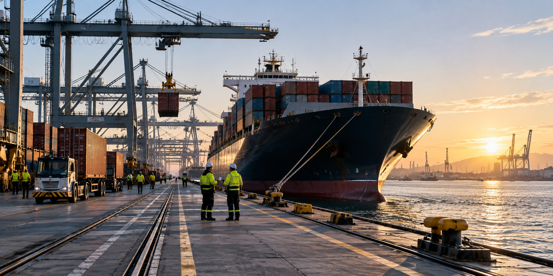 Container ship docked at a busy maritime terminal at sunset, surrounded by gantry cranes, cargo containers and port workers.