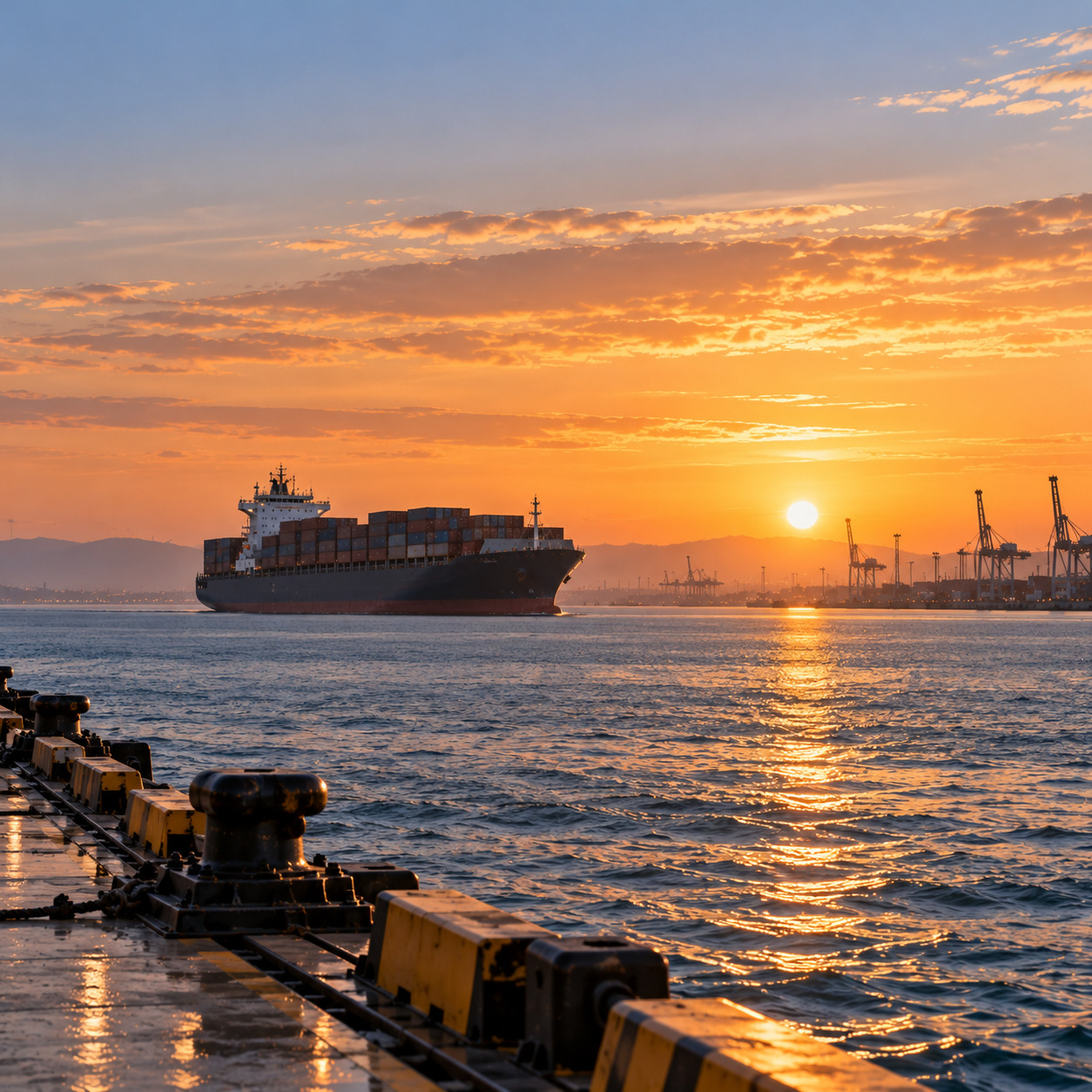 Container ship sailing across the harbor in the distance at sunset, with port cranes and maritime infrastructure on the horizon.