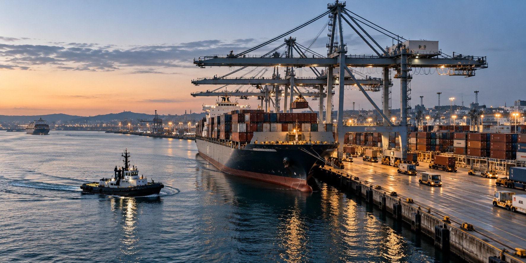 Large container ship at a modern cargo terminal at dusk, with gantry cranes, port vehicles and a tugboat operating in the harbor.