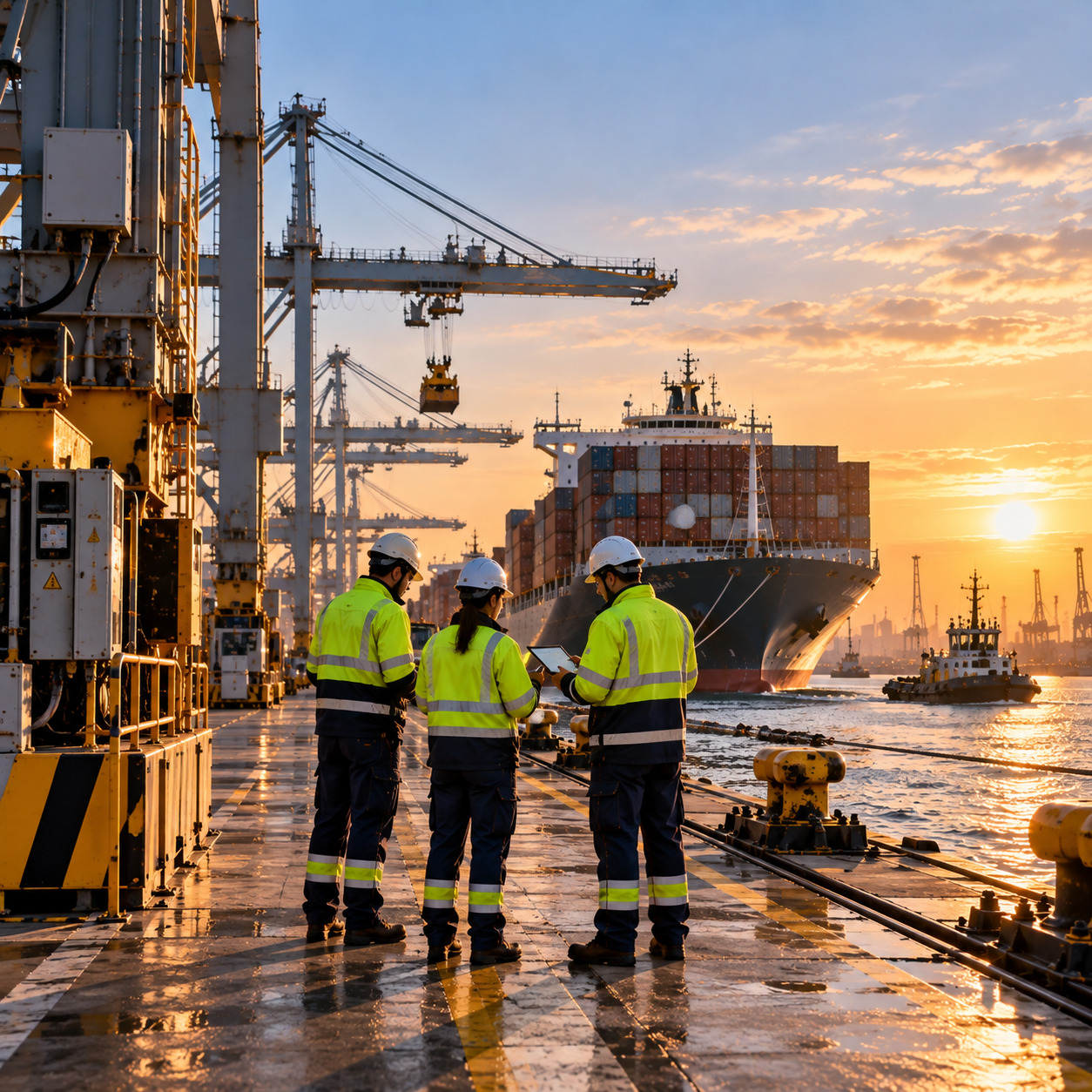 Port workers walking alongside a large container ship during cargo operations at a modern maritime terminal.