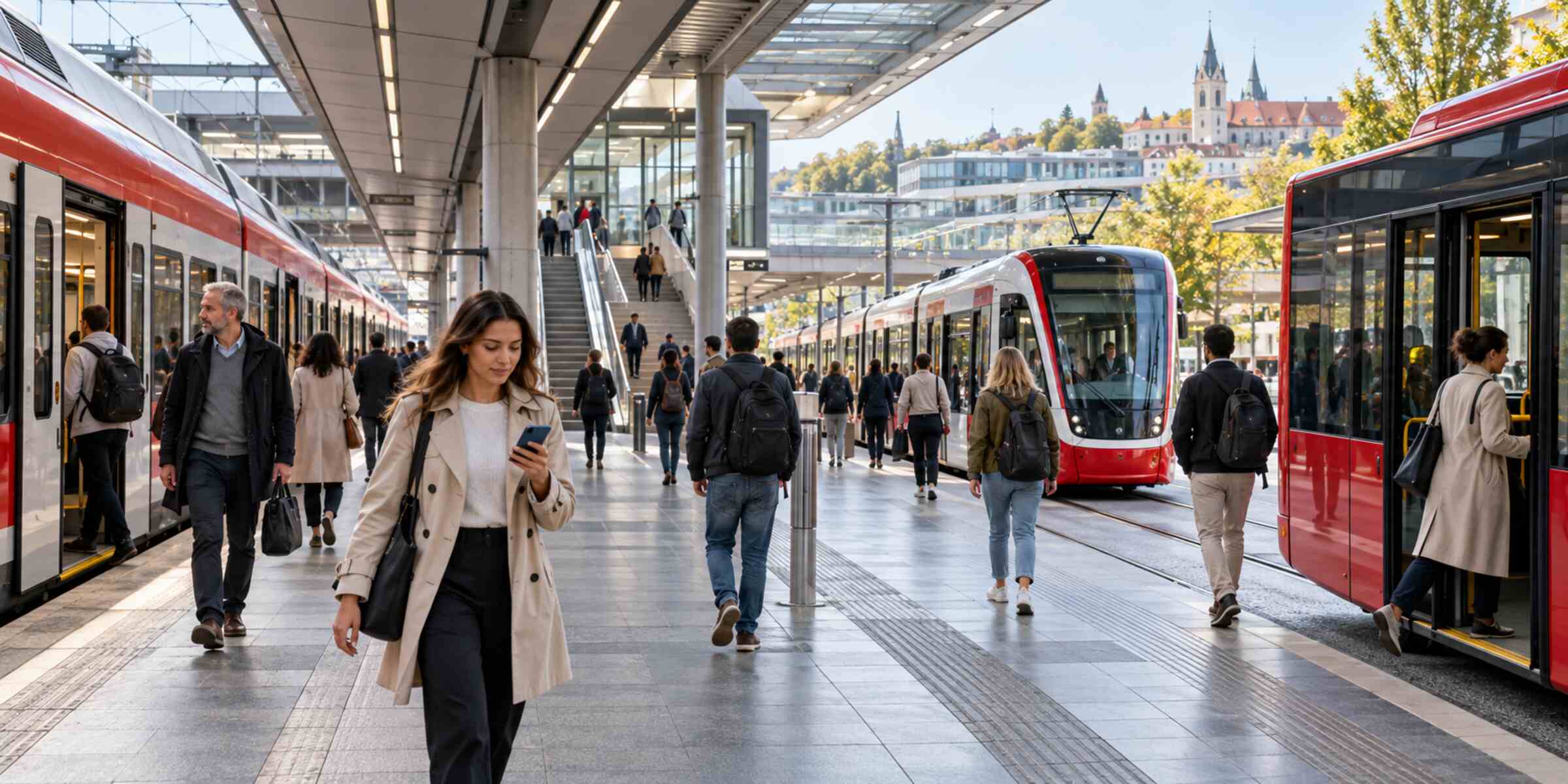 Passengers connecting between rail, tram and bus services at an integrated mobility hub.