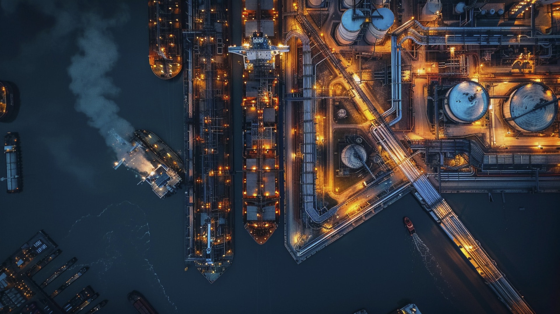 Aerial night view of an illuminated industrial port with docked ships, storage tanks, pipes, bridges, and a smoking vessel on dark water