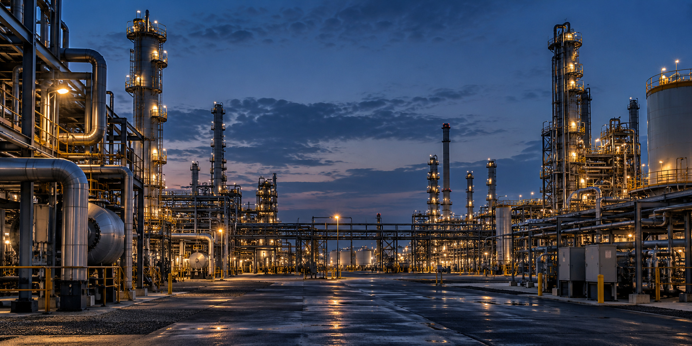 Onshore refinery process units and pipe racks illuminated at blue hour.
