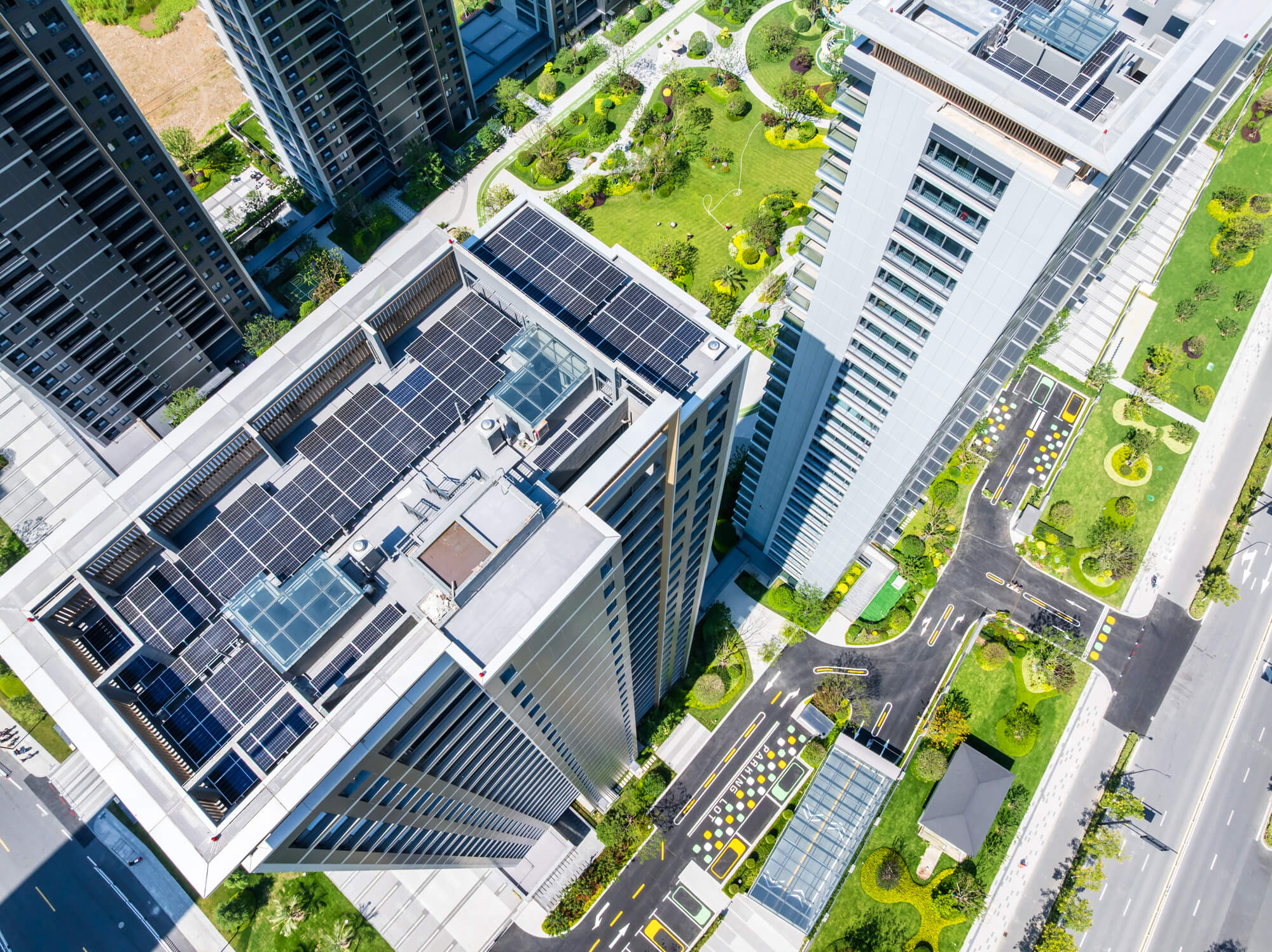 Buildings, with green areas, solar panels,