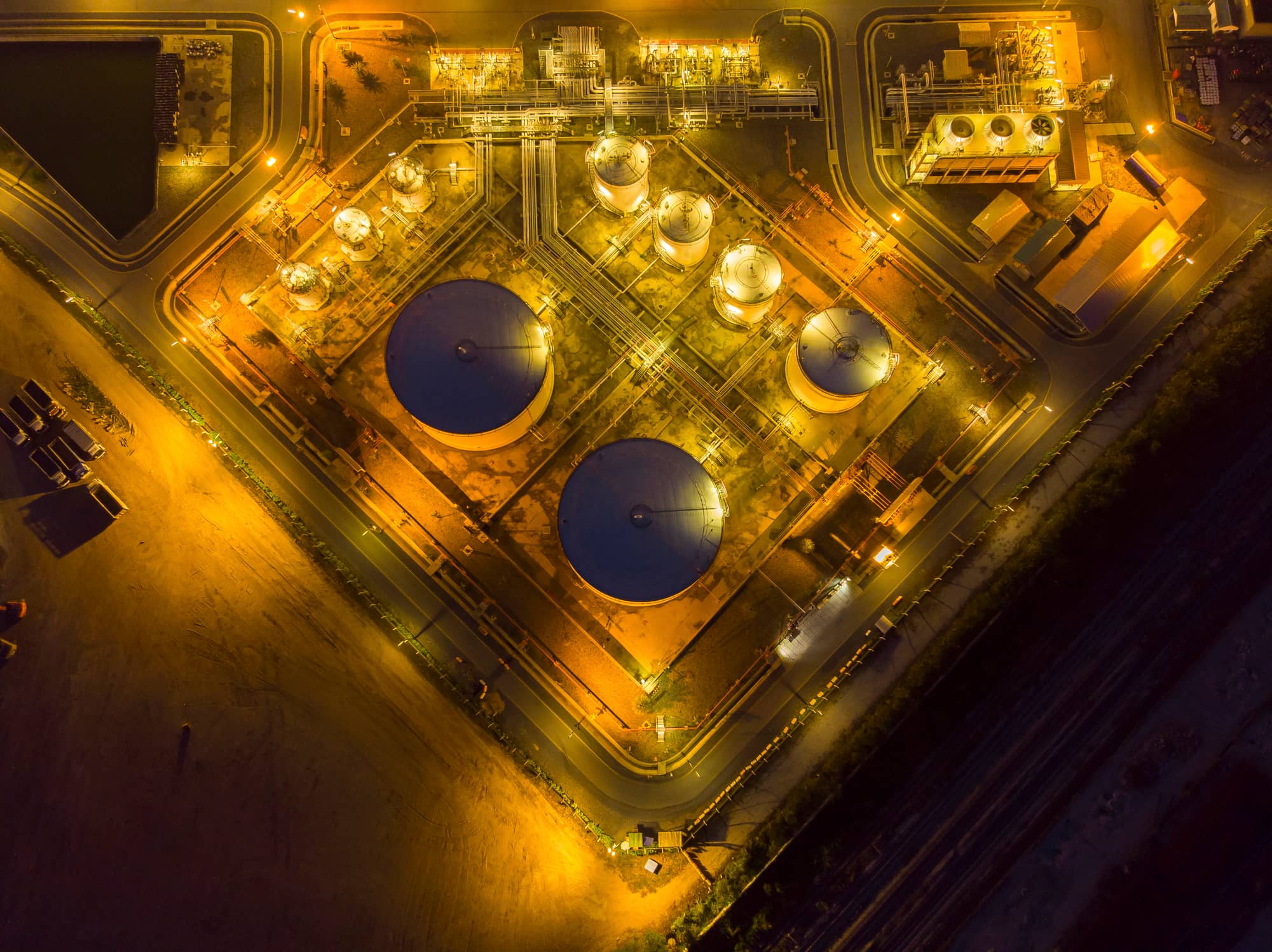 Aerial view oil refinery that is working to produce fuel