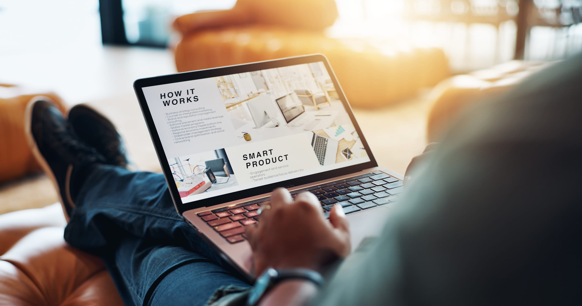 Hands laptop screen reading ads on a website