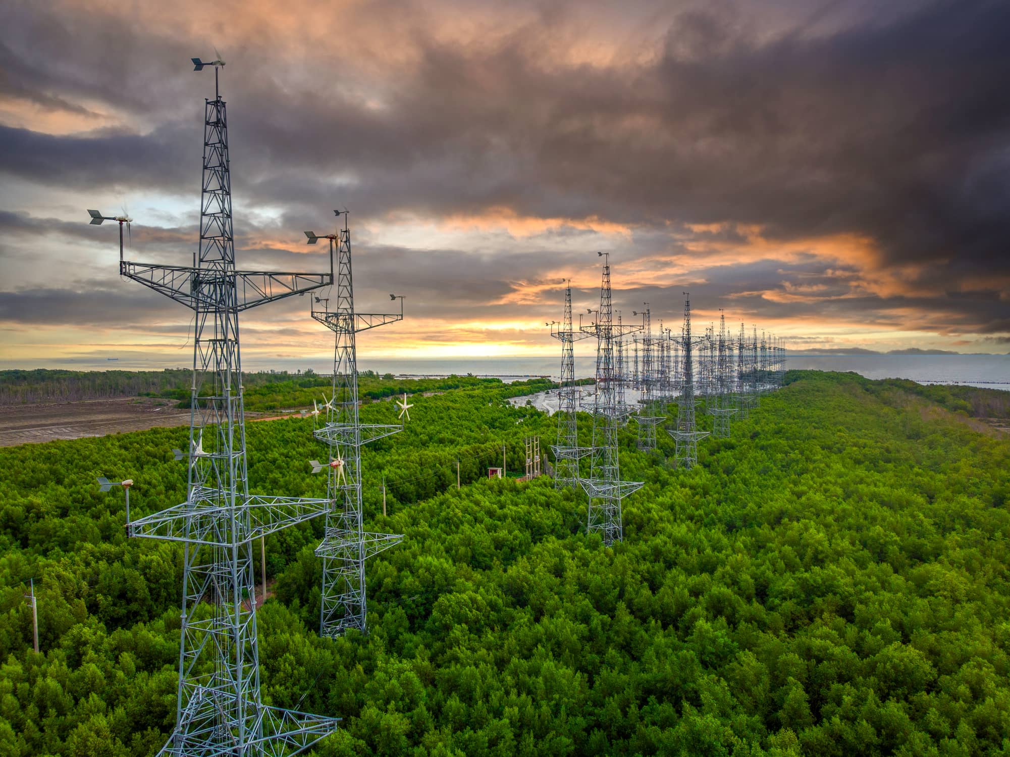 Aerial view/Low-voltage wind generators that produce electricity with small wind turbines rounded by vegetation