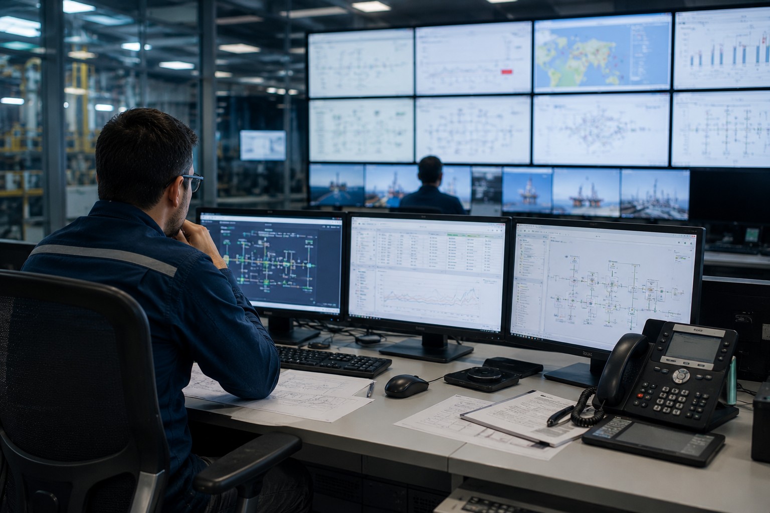 An engineer viewing mulitple screens and managing dashboards
