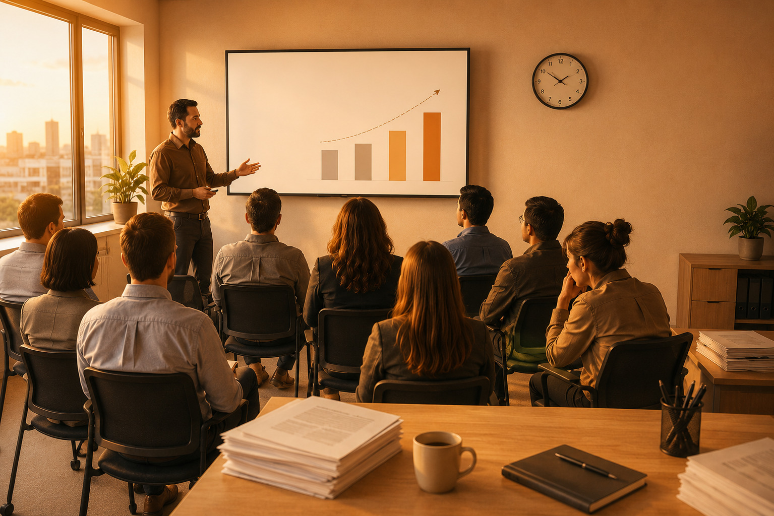 Training room with a group of employees receving training for a coach