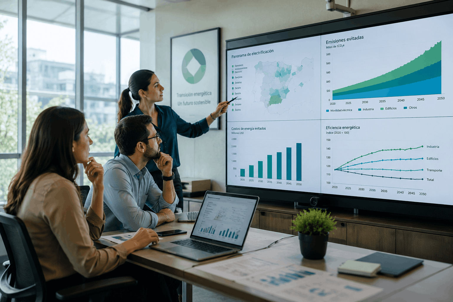 a group of people analyzing data on a big screen with dashboards