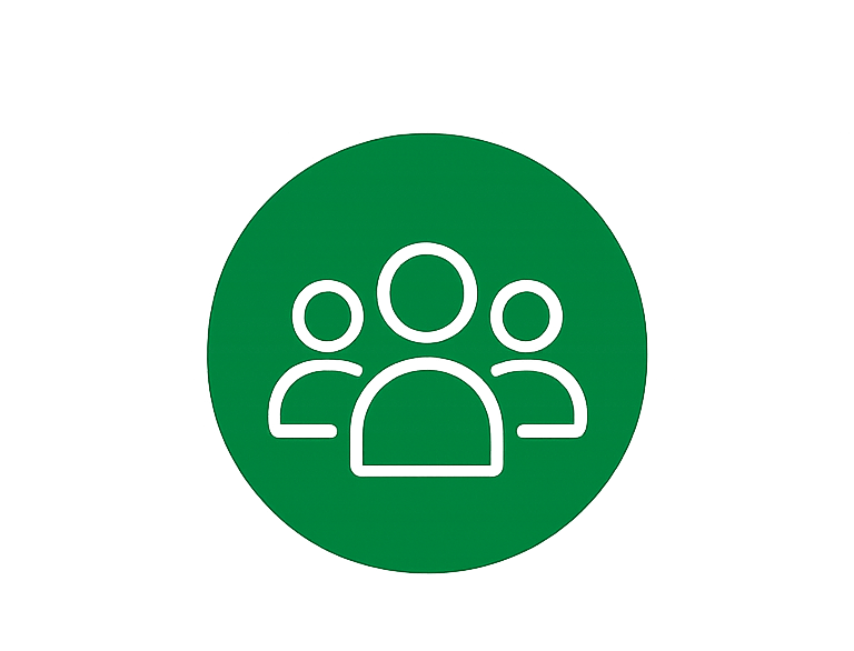 Green gradient background with a simple outlined icon of three people inside a large circle.