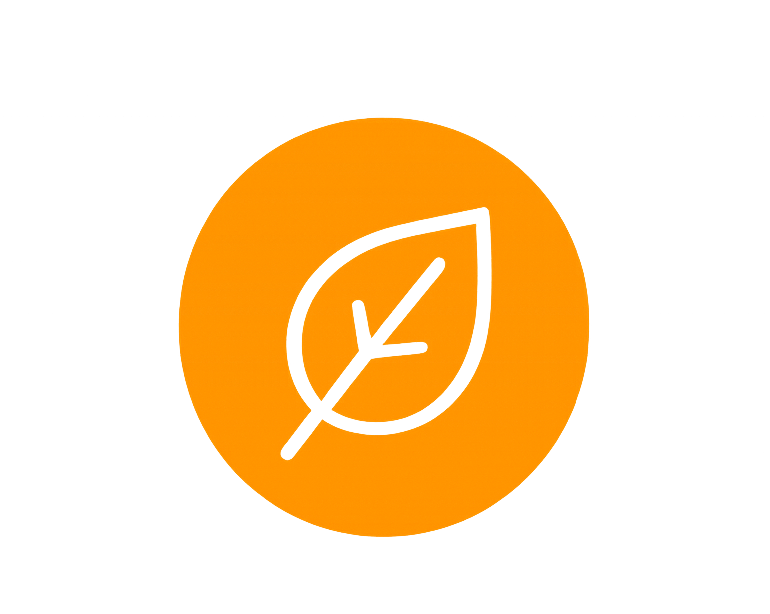 Glowing orange circular graphic on a dark gradient background with a faint outlined leaf-like symbol in the center.