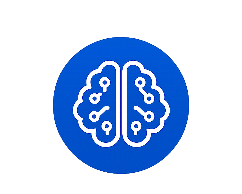 White circuit-brain icon centered in a blue circle on a dark blue gradient background