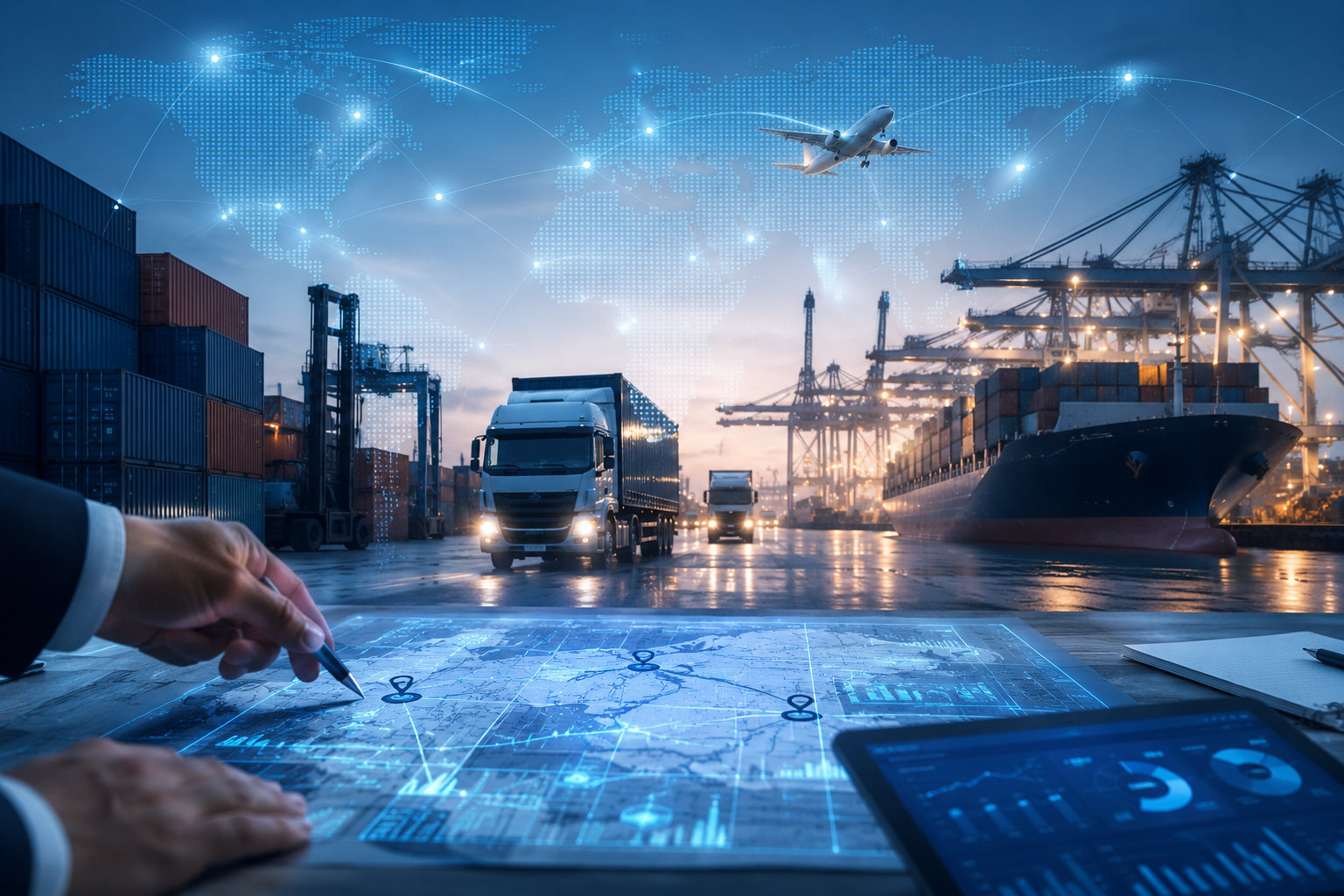 Hand pointing to a glowing digital logistics map beside a tablet, with trucks, containers, cranes, a cargo ship, plane, and world network overlay at a busy port.