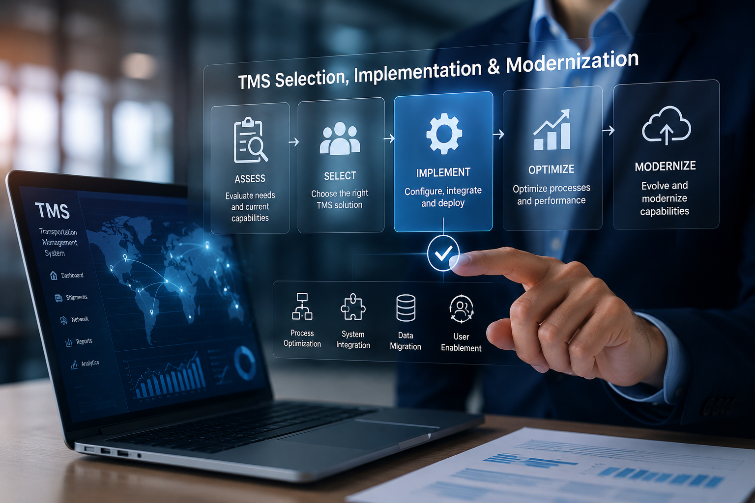 Businessperson taps a glowing TMS workflow interface showing assess, select, implement, optimize, and modernize steps beside a laptop with transport maps and analytics.