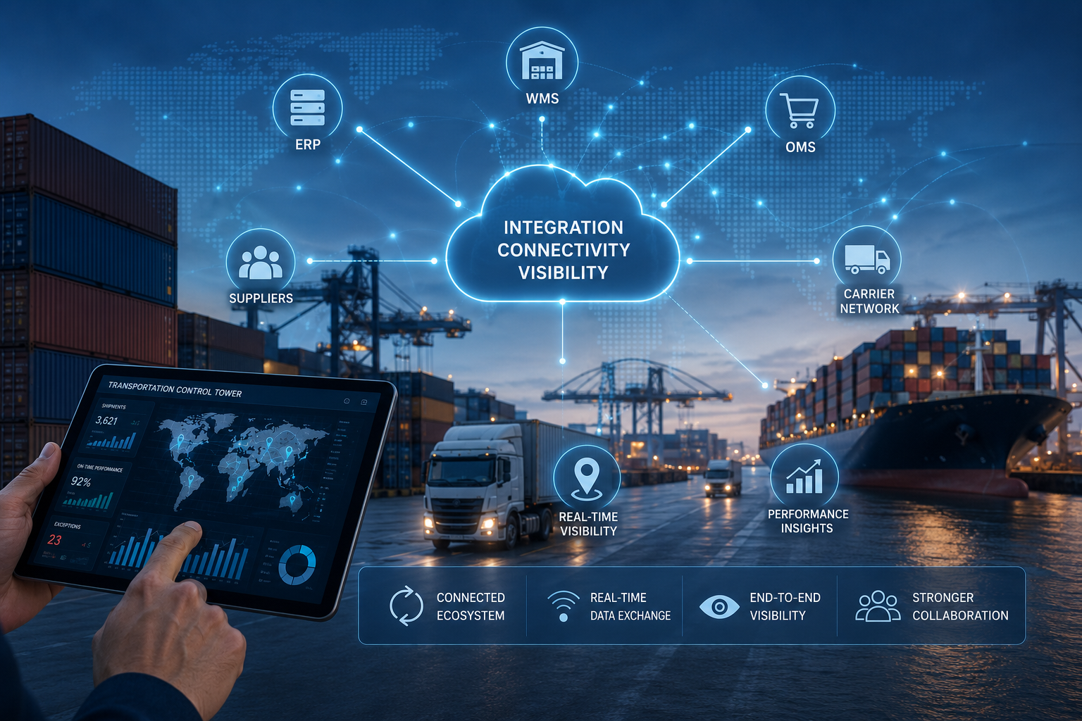 Port at dusk with cargo ship, containers, trucks and cranes; a hand uses a logistics dashboard tablet as glowing icons link a cloud labeled integration, connectivity, visibility.