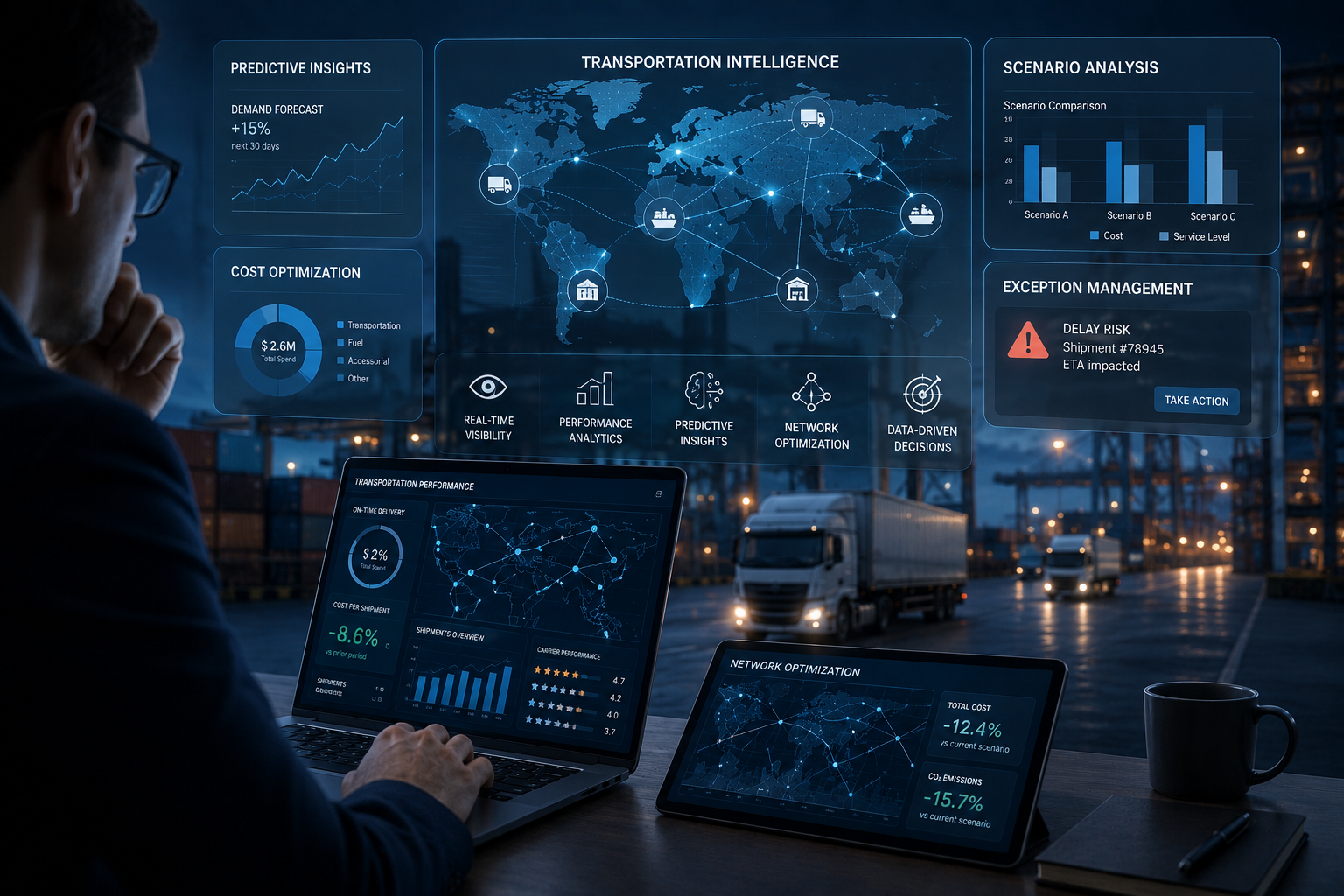 Man reviews blue transportation analytics dashboards on laptop and tablet, with floating world map, route lines, charts, and delay alert over a nighttime container port with trucks.