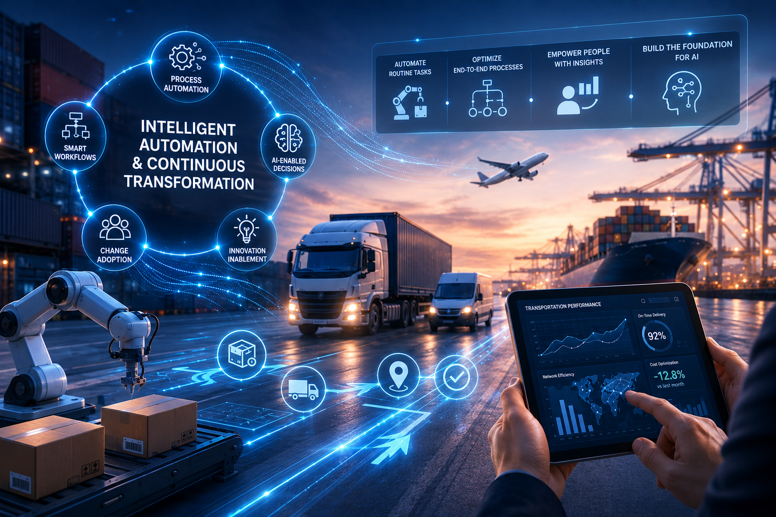 Futuristic port logistics scene with trucks, ship, plane and robotic arm, overlaid with glowing automation icons and a tablet showing transportation dashboards.