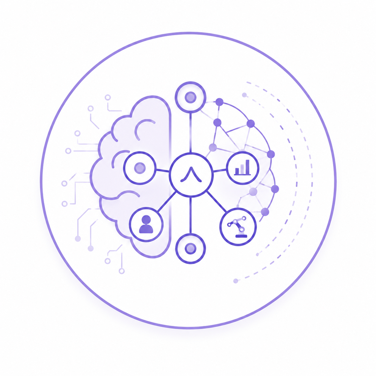 Purple line illustration of an AI network: half brain with circuit traces linked to nodes, data chart, robotic arm, and user icons inside a large circle.