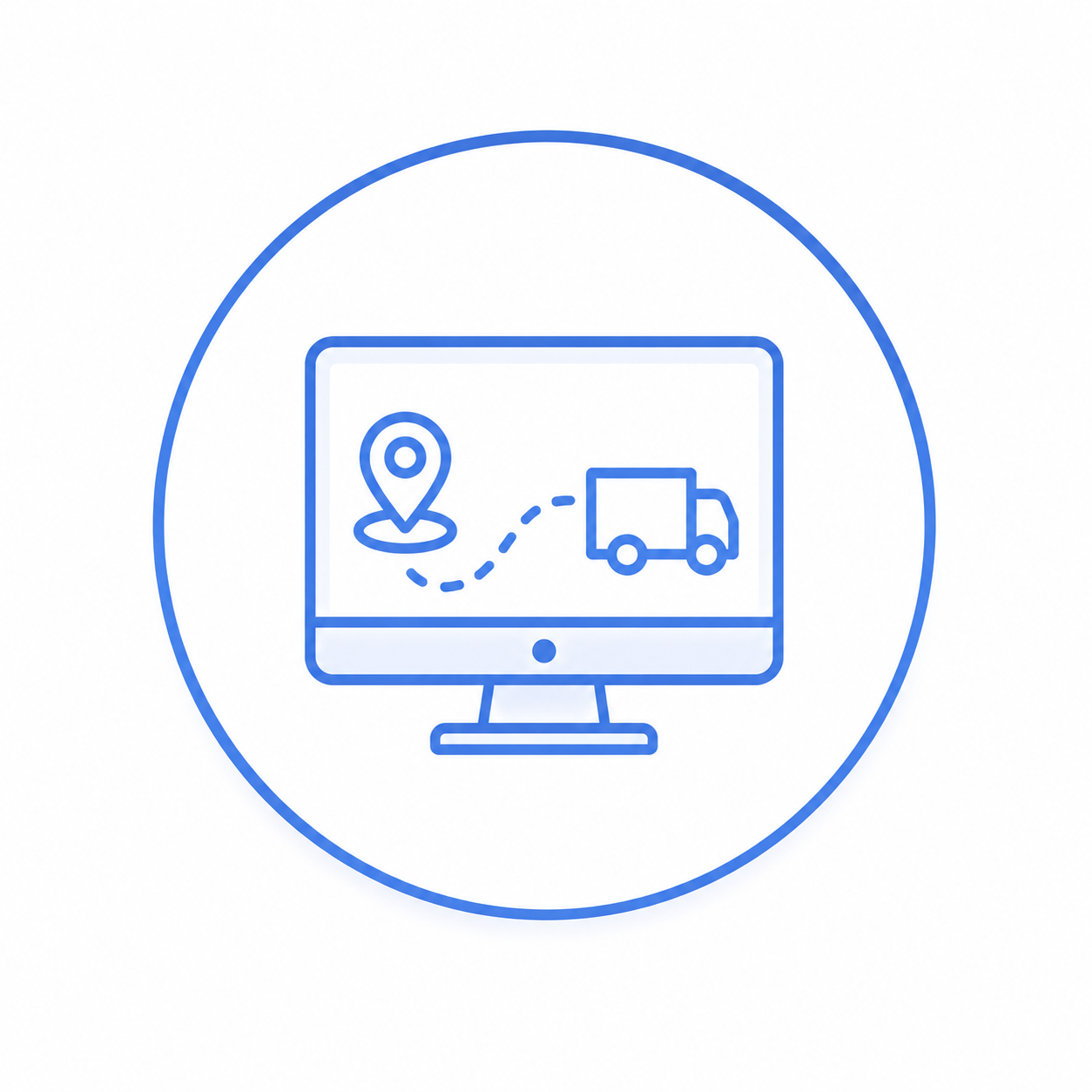 Blue line icon of a computer monitor showing a location pin, dotted route, and delivery truck inside a circle