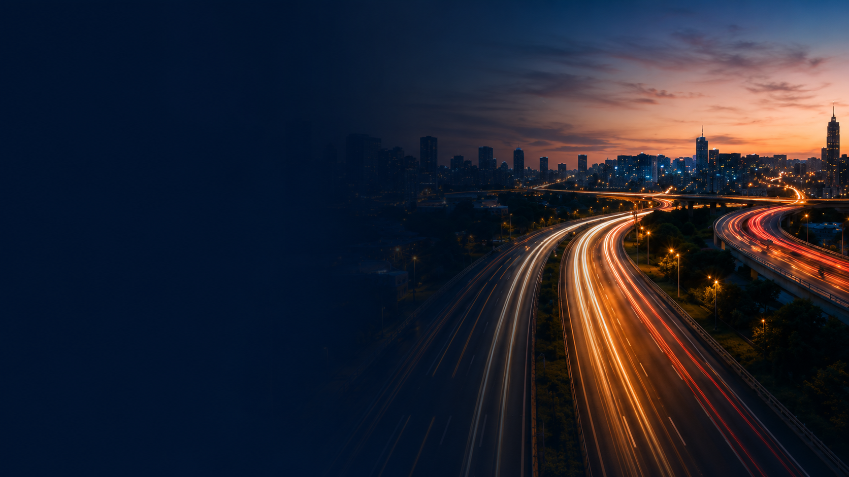 Dusk city skyline with curving elevated highways, red and white traffic light trails, streetlights, and a dark blue overlay on the left.
