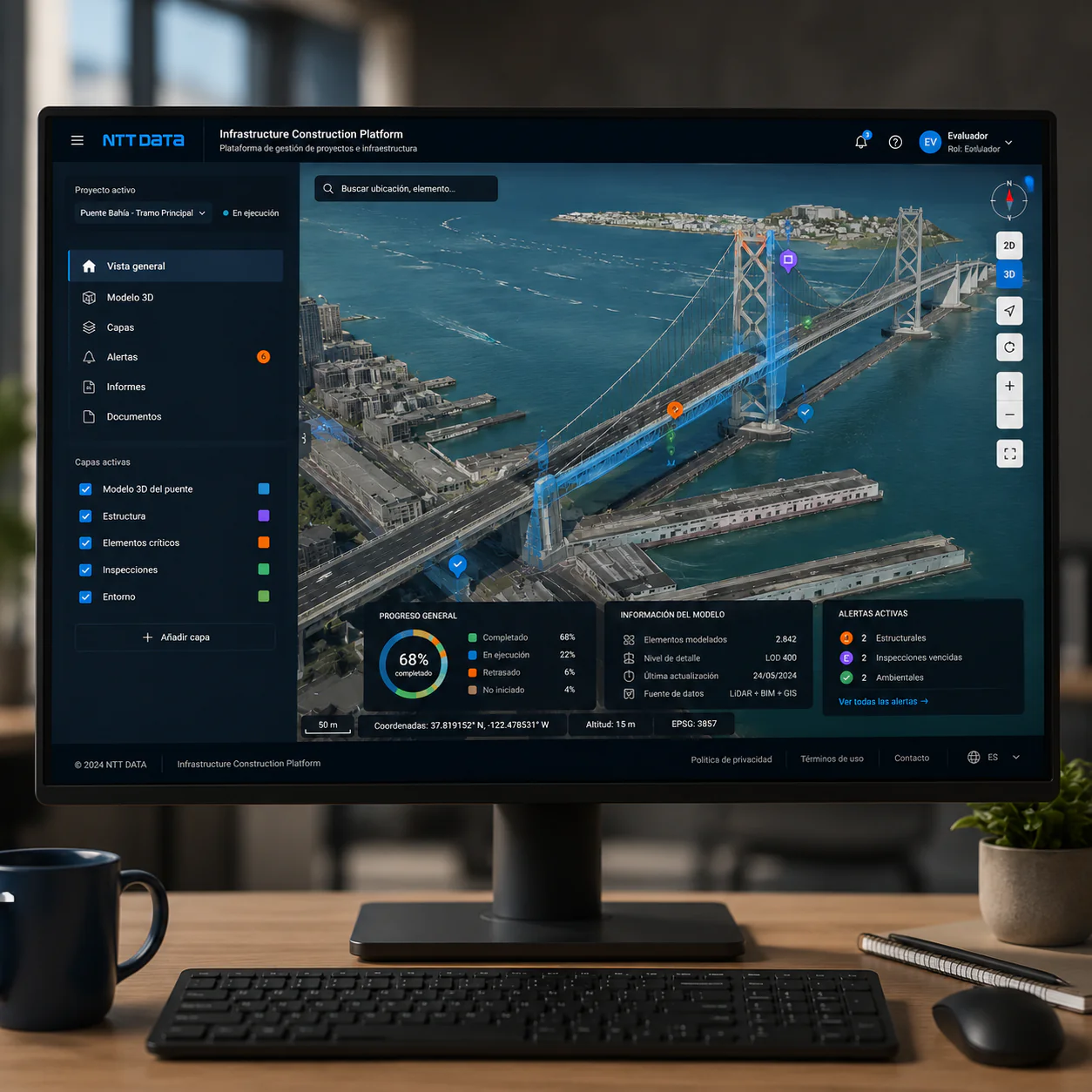 Infrastructure specialist using an integrated digital twin platform to connect geospatial risk data with GIS, IoT and operational systems for more informed infrastructure monitoring and decision-making