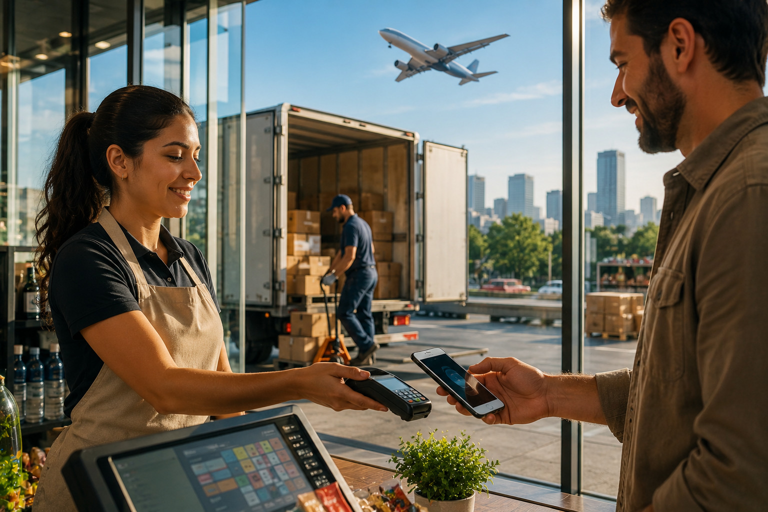 Store employee accepting a mobile payment from a customer, with a delivery truck being unloaded into the store warehouse