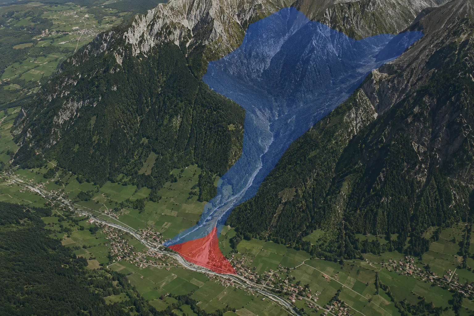 Geospatial risk analysis highlighting terrain anomalies, hazard zones and downstream impact areas to help infrastructure teams detect critical risks before they affect field operations