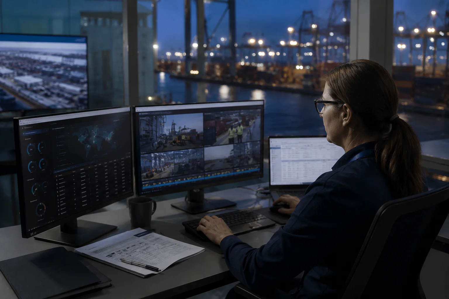 Port operations specialist monitoring secure remote maintenance sessions through edge-based governance, managing users, recordings, evidence, logs, APIs and service continuity