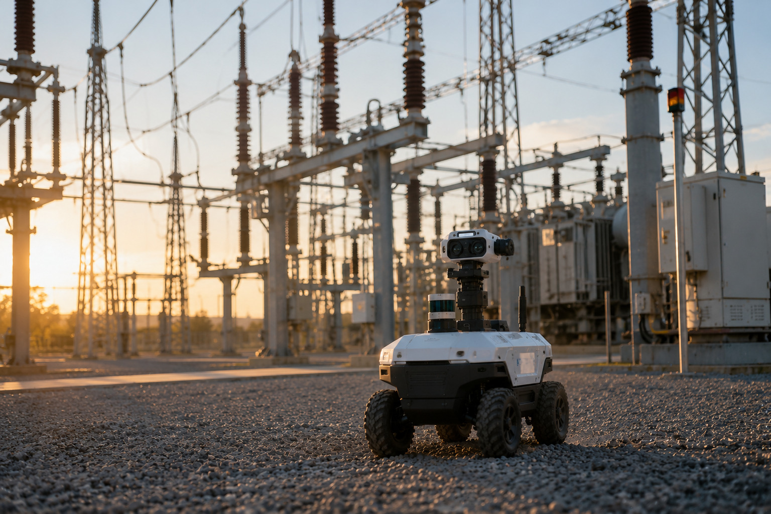 Autonomous inspection robot operating inside a high-voltage electrical substation at sunset, illustrating safer asset monitoring and predictive maintenance through autonomous robotics in utility infrastructure.