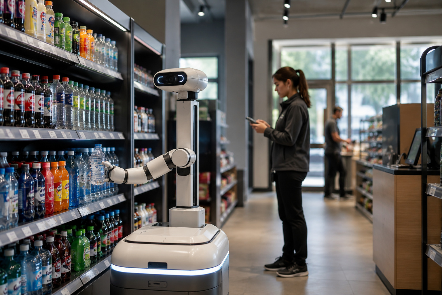Autonomous retail robot restocking beverages in a convenience store while working alongside a store employee, illustrating coordinated human-robot collaboration for smarter shelf replenishment and store operations.