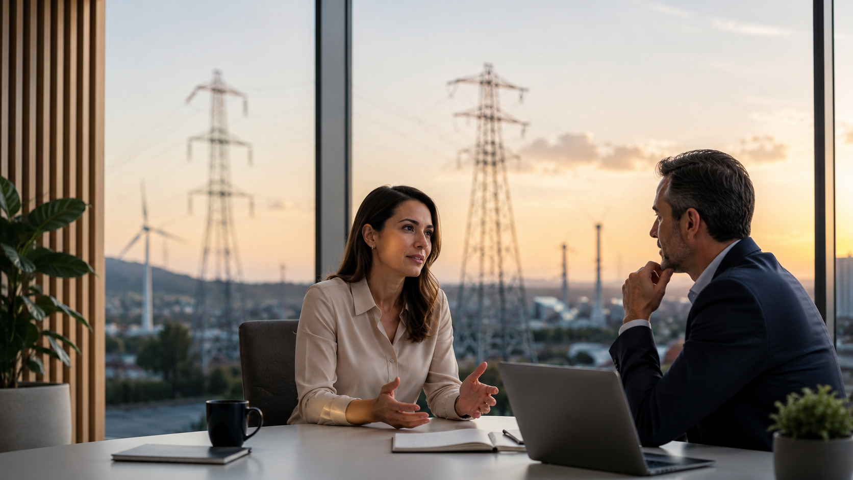 Two business professionals meeting in a modern office overlooking electricity transmission towers, wind turbines and power infrastructure at sunset, discussing strategy and collaboration in the energy and utilities sector.
