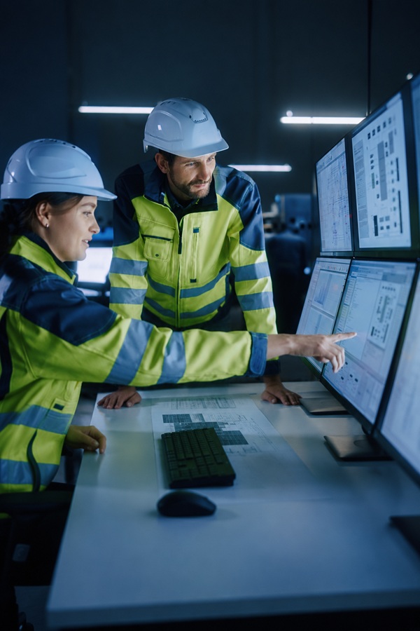 Technical team monitoring digital substation systems in an industrial control room
