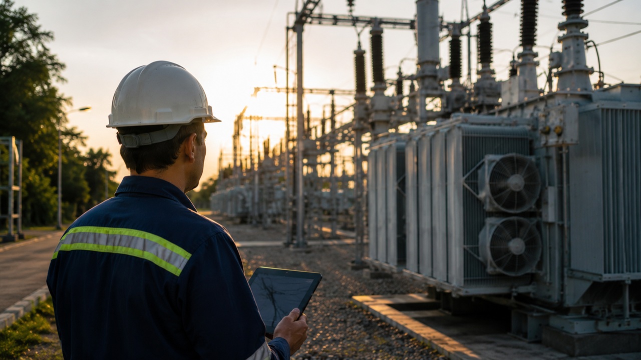Technician monitoring predictive maintenance at an electrical substation