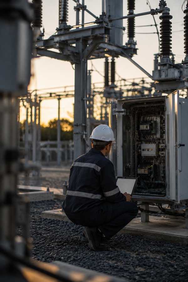 Technician inspecting edge equipment in a digital electrical substation