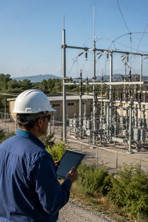 Technician overseeing connected substation automation in the digital grid