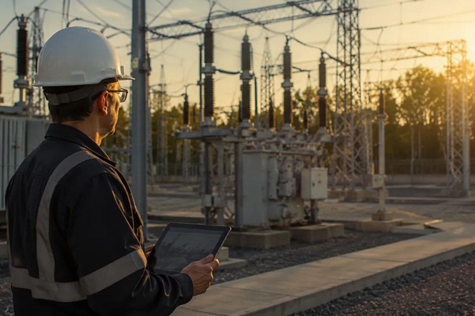 Technician monitoring an automated electrical substation for the digital grid