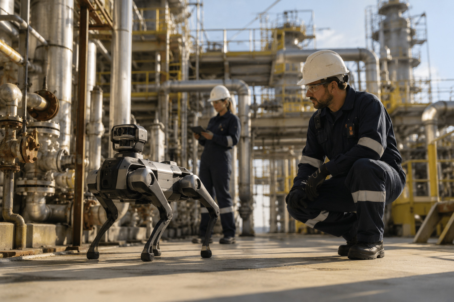 An inspection robot operates alongside energy facility technicians in a modern industrial plant, illustrating safer asset inspection, human-robot collaboration and field-ready robotics for critical infrastructure.