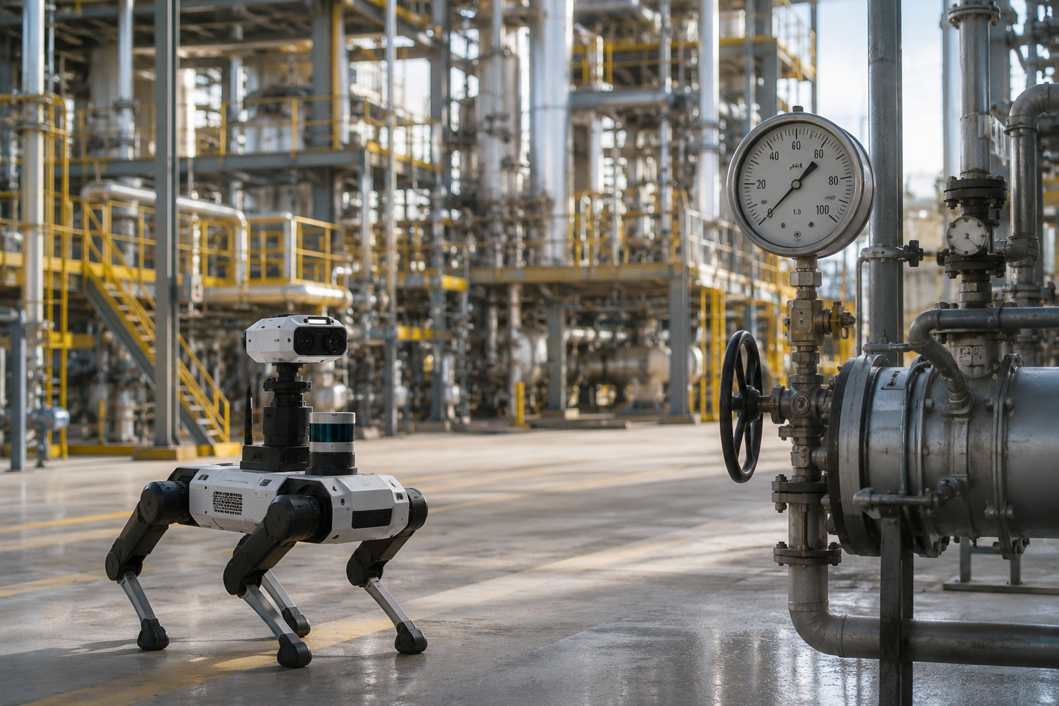 Autonomous inspection robot navigating an industrial manufacturing plant while reading analog gauges and monitoring equipment, enabling safer, continuous asset inspection and predictive maintenance.