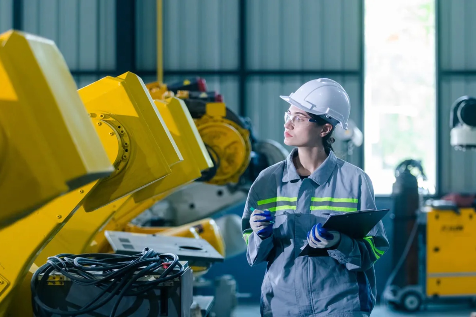 A female engineer inspecting industrial equipment for predictive maintenance in a utility workshop