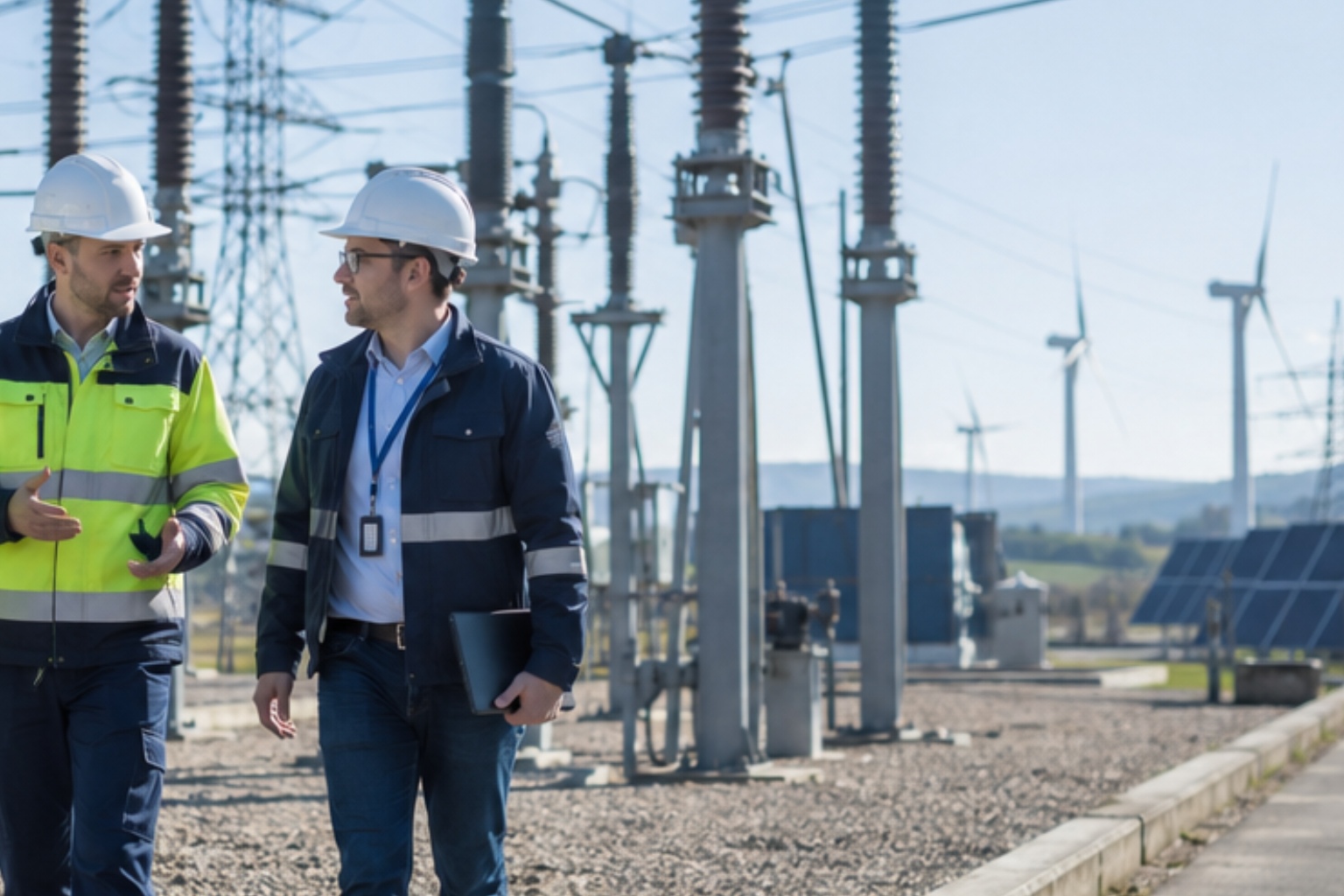 An OT operations manager in PPE walks alongside with an IT cybersecurity specialist, naturally discussing the site while inspecting transformers and switchgear.