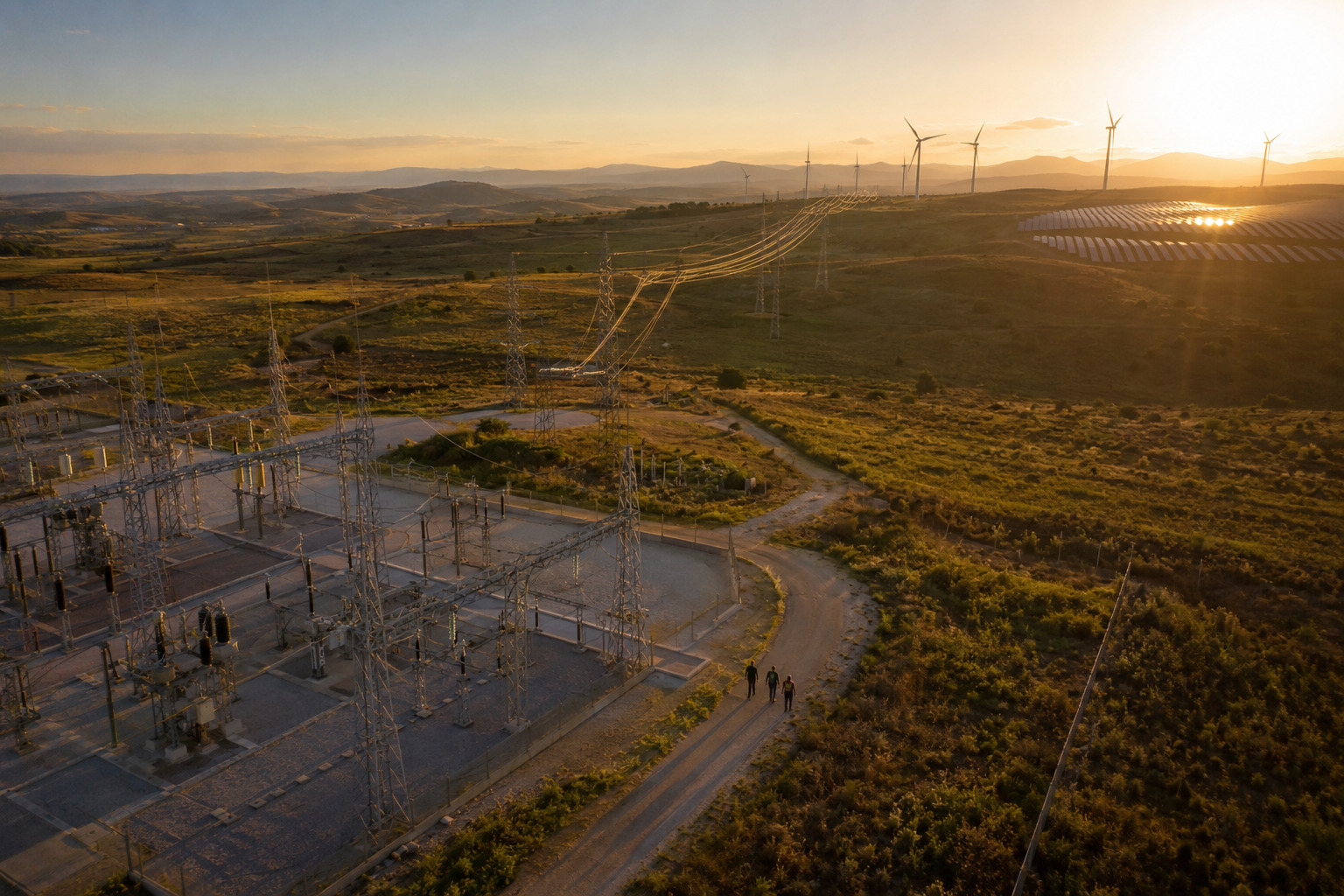 Aerial view of a modern electrical transmission substation connected to wind and solar energy infrastructure at golden hour, with three professionals walking along an internal road, illustrating collaboration and resilient energy networks